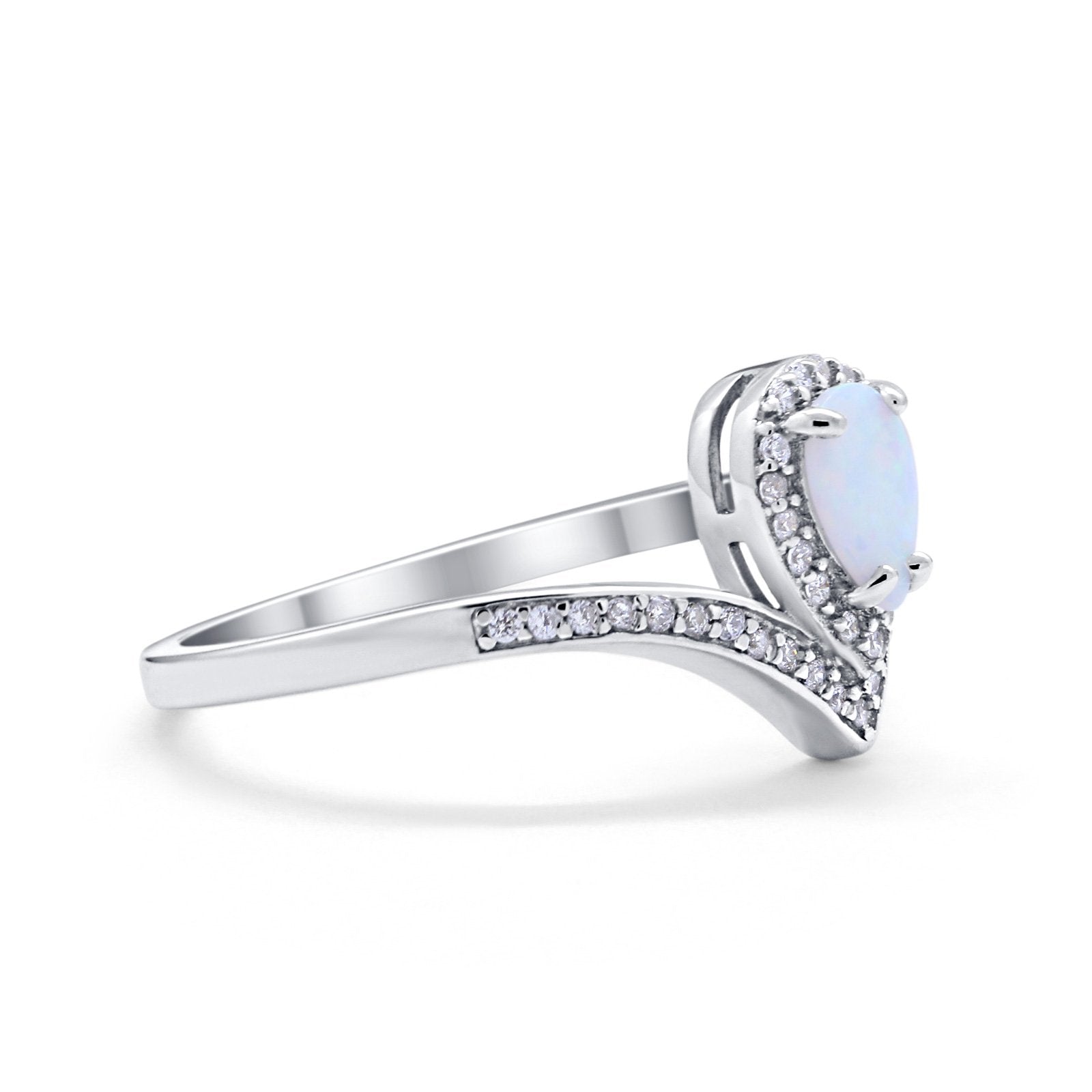 Teardrop V Midi Ring Pear Round Lab Created White Opal 925 Sterling Silver