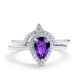 Two Piece Teardrop Engagement Ring Simulated Amethyst CZ 925 Sterling Silver