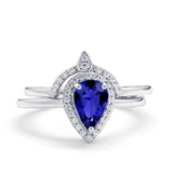 Two Piece Teardrop Engagement Ring Simulated Blue Sapphire CZ 925 Sterling Silver