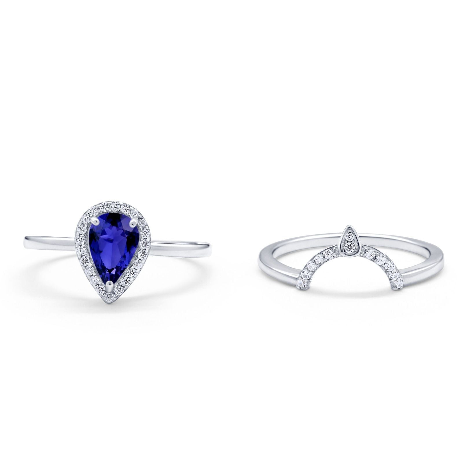 Two Piece Teardrop Engagement Ring Simulated Blue Sapphire CZ 925 Sterling Silver