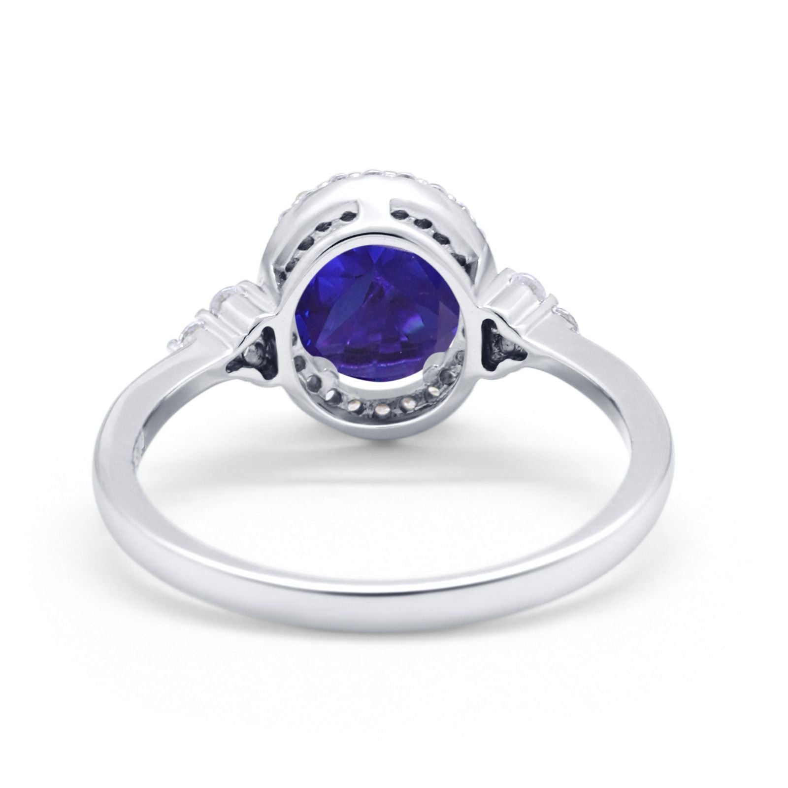 Halo Art Deco Oval Engagement Ring Simulated Blue Sapphire CZ 925 Sterling Silver