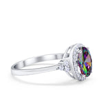 Halo Art Deco Oval Engagement Ring Simulated Rainbow CZ 925 Sterling Silver