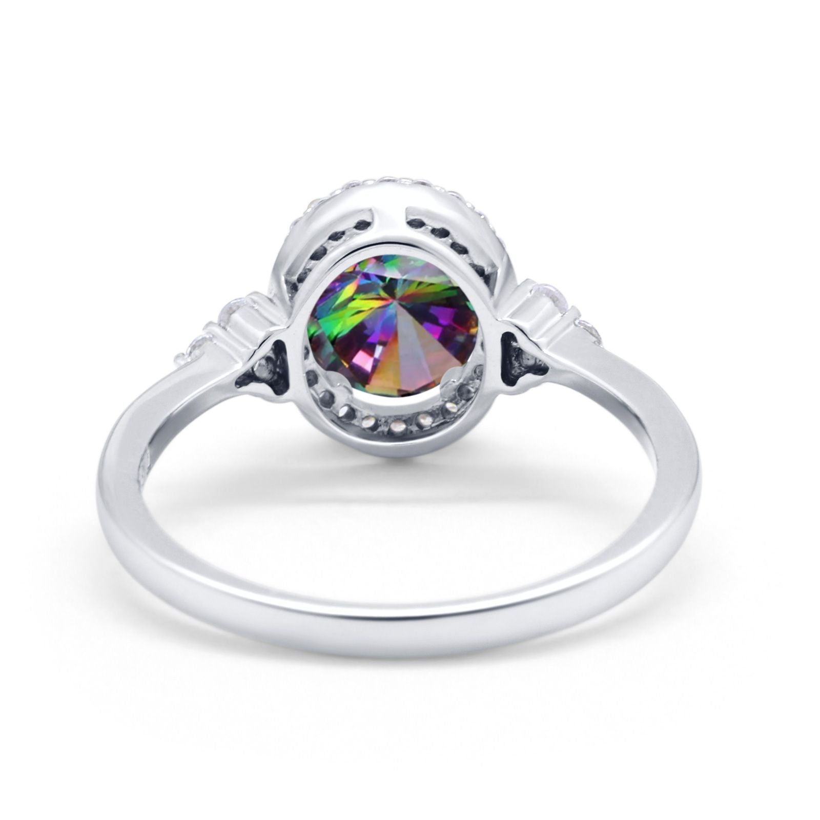Halo Art Deco Oval Engagement Ring Simulated Rainbow CZ 925 Sterling Silver