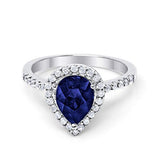 Halo Teardrop Bridal Filigree Ring Simulated Blue Sapphire CZ 925 Sterling Silver