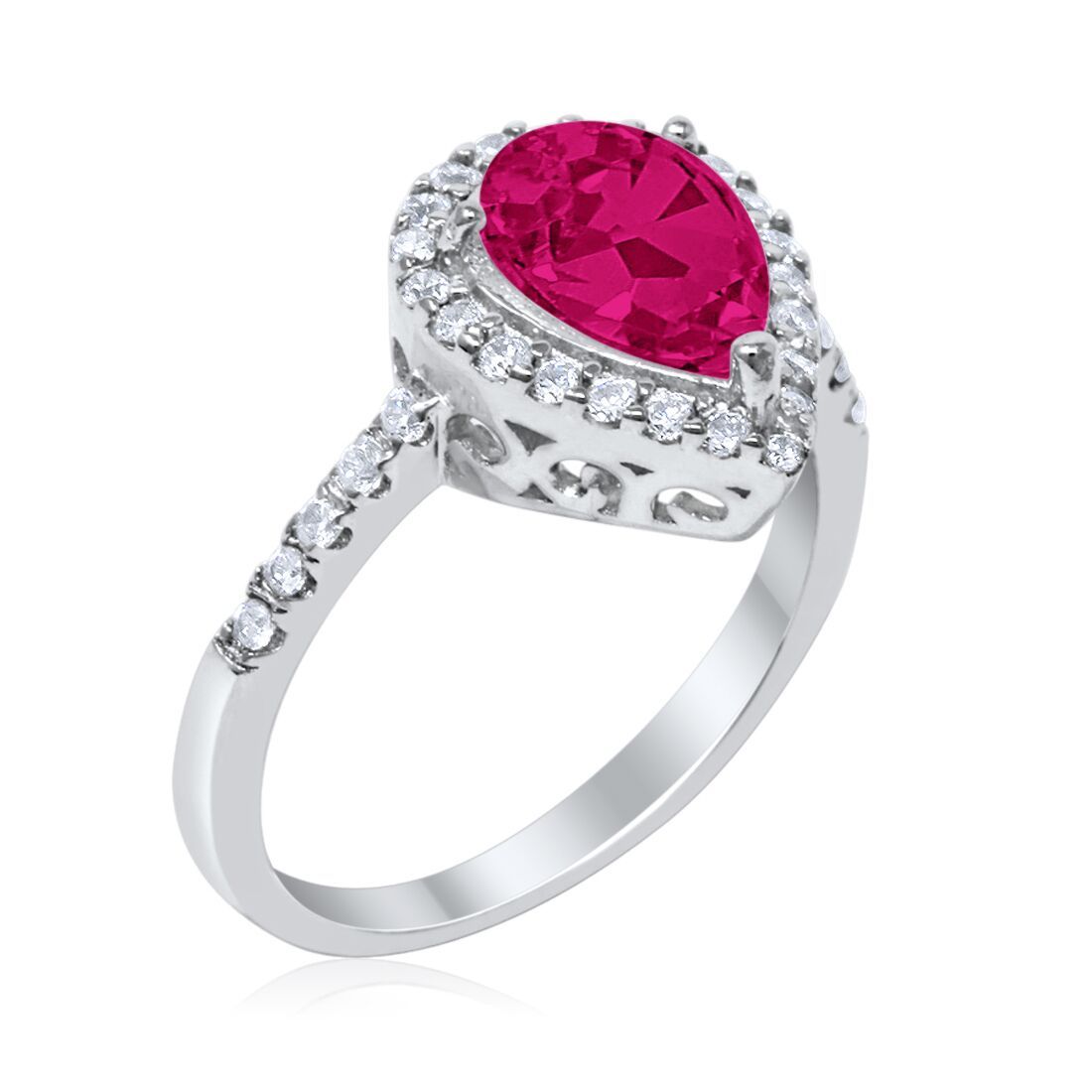 Halo Teardrop Bridal Filigree Ring Simulated Ruby CZ 925 Sterling Silver