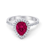 Halo Teardrop Bridal Filigree Ring Simulated Ruby CZ 925 Sterling Silver