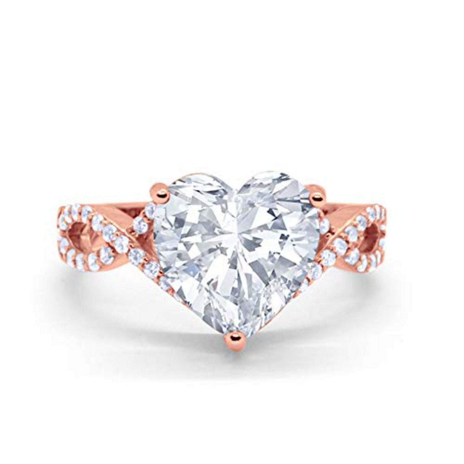 Art Deco Heart Promise Twisted Shank Rose Tone, Simulated CZ Wedding Ring 925 Sterling Silver