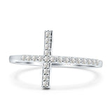 14K White Gold Round Sideways Eternity Simulated CZ Wedding Engagement Cross Ring Size-7