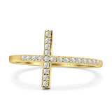 14K Yellow Gold Round Sideways Eternity Simulated CZ Wedding Engagement Cross Ring Size-7