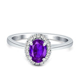 Oval Natural Purple Amethyst Halo Diamond Solitaire Ring