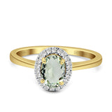 Oval Natural Green Amethyst Halo Diamond Solitaire Ring