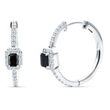 Emerald Cut Halo Hoop Earring Black CZ 925 Sterling Silver