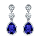 Pear Teardrop Halo Drop Dangle Earring Blue Sapphire CZ 925 Sterling Silver Wholesale