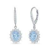 Oval Halo Flower Drop Dangle Leverback Earring Aquamarine CZ 925 Sterling Silver