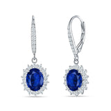 Oval Halo Flower Drop Dangle Leverback Earring Blue Sapphire CZ 925 Sterling Silver