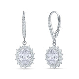 Oval Halo Flower Drop Dangle Leverback Earring Cubic Zirconia 925 Sterling Silver