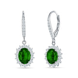 Oval Halo Flower Drop Dangle Leverback Earring Green Emerald CZ 925 Sterling Silver