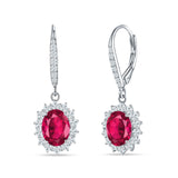 Oval Halo Flower Drop Dangle Leverback Earring Ruby CZ 925 Sterling Silver