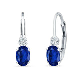 Oval Drop Dangle Charm Leverback Earring Blue Sapphire CZ 925 Sterling Silver