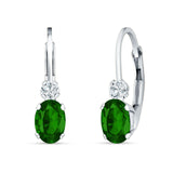 Oval Drop Dangle Charm Leverback Earring Green Emerald CZ 925 Sterling Silver