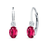 Oval Drop Dangle Charm Leverback Earring Ruby CZ 925 Sterling Silver