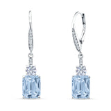 Emerald Cut Oblong Drop Dangle Leverback Earring Aquamarine CZ 925 Sterling Silver