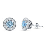 Round Halo Stud Earring Aquamarine CZ 925 Sterling Silver