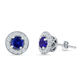 Round Halo Stud Earring Blue Sapphire CZ 925 Sterling Silver