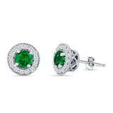 Round Halo Stud Earring Green Emerald CZ 925 Sterling Silver
