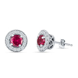 Round Halo Stud Earring Ruby CZ 925 Sterling Silver