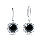 Round Black CZ Flower Heart Designer Fishhook Earring 925 Sterling Silver Wholesale