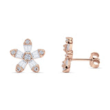 Floral Stud Earrings Cubic Zirconia Rose Tone 925 Sterling Silver