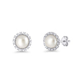 Pearl Stud Earrings 8.7mm Halo Cubic Zirconia 925 Sterling Silver Wholesale