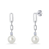 Round Cubic Zirconia & Pearl Paperclip Stud Earrings 925 Sterling Silver Wholesale