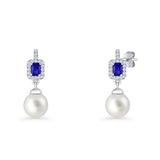 Emerald Cut Blue Cubic Zirconia & Pearl Charm Stud Earrings 925 Sterling Silver Wholesale