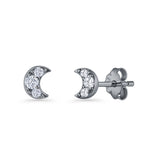Crescent Moon Stud Earring 5mm Round Cubic Zirconia 925 Sterling Silver