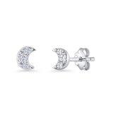 Crescent Moon Stud Earring 5mm Round Cubic Zirconia 925 Sterling Silver