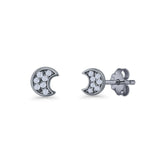 Crescent Moon Stud Earring 4.9mm Cluster Round Cubic Zirconia 925 Sterling Silver