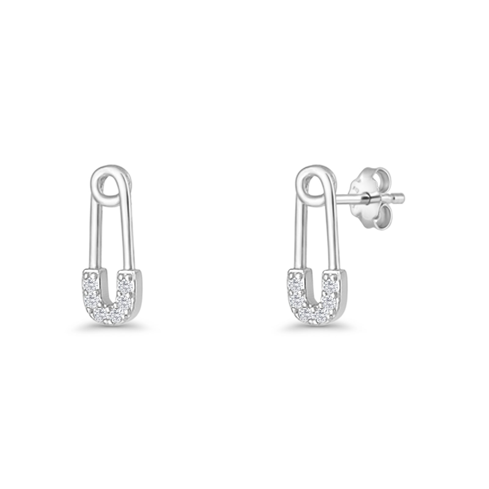 Minimalist 16mm Safety Pin Stud Earrings Round Cubic Zirconia 925 Ster