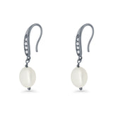 Drop Dangle 32mm Oval Pearl Fishhook Earring Cubic Zirconia 925 Sterling Silver