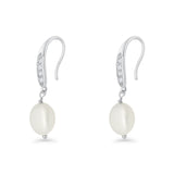 Drop Dangle 32mm Oval Pearl Fishhook Earring Cubic Zirconia 925 Sterling Silver Wholesale