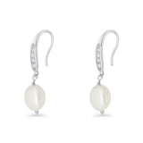 Drop Dangle 32mm Oval Pearl Fishhook Earring Cubic Zirconia 925 Sterling Silver