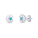 Crescent Moon & Star Stud Earring Lab Created Blue Opal 925 Sterling Silver Wholesale