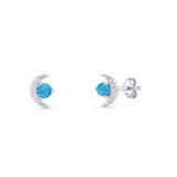 Moon Stud Earring 7mm Round Lab Created Blue Opal & Clear CZ 925 Sterling Silver Wholesale