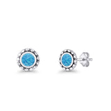 Round Beaded 7.2mm Lab Created Blue Opal Stud Earring Oxidized 925 Sterling Silver Wholesale