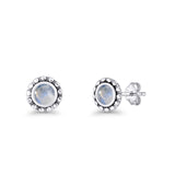 Round Beaded 7.2mm Moonstone Stud Earring Oxidized 925 Sterling Silver Wholesale