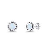 Round Beaded 7.2mm Lab Created White Opal Stud Earring Oxidized 925 Sterling Silver Wholesale