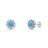 Sunflower Stud Earring 8.8mm Lab Created Blue Opal Oxidized 925 Sterling Silver Wholesale