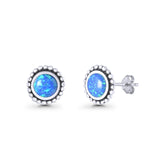 Round Lab Created Blue Opal Beaded Oxidized Stud Earring 925 Sterling Silver Wholesale