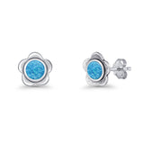 Flower 7.5mm Round Lab Created Blue Opal Floral Stud Earring Oxidized 925 Sterling Silver Wholesale